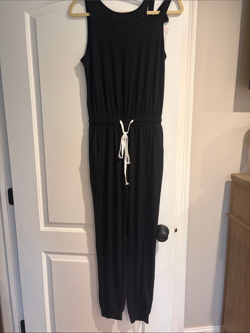 Source Unknown Black Sleeveless Maxi Jumpsuit with White Drawstring